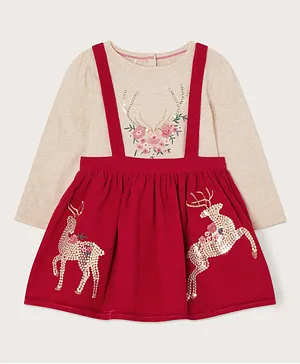 Monsoon Children Baby Sequin Corduroy Reindeer Pinafore Set Dress - Multicolor