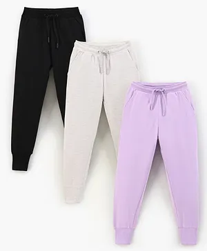 Primo Gino French Terry Cotton Knit Ankle Length Solid Joggers Pant Pack Of 3 - Purple White Black