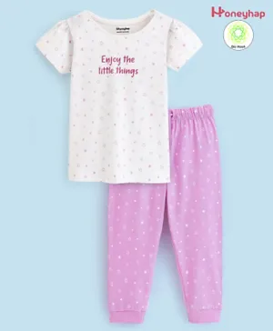 Honeyhap Premium 100% Cotton Half Sleeves Bio Washed Night Suit With Bio Finish Ditsy Stars & Text Print- Cloud Dancer & Orchid Bouquet