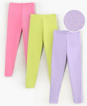 Primo Gino Cotton Elastane Ankle Length Solid Leggings Pack of 3- Purple Green Pink
