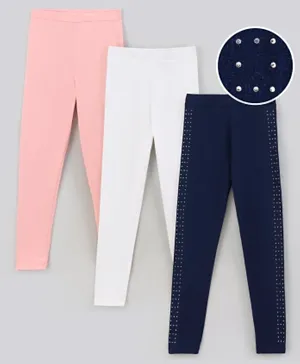 Primo Gino Cotton Elastane Ankle Length Solid Leggings Pack of 3- Blue White Pink