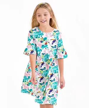 Primo Gino Cotton Elastane Knit Bell Sleeves All Over Digital Bird Print Dress - Green Off White