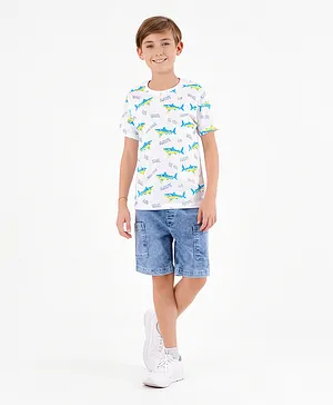 Ollington St. Cotton Knit Half Sleeves Tee &  Elasticated Denim Shorts Set Fish Print - White & Indigo