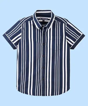 Pine Kids 100% Cotton Half Sleeve  Single Pocket Striped Shirt - Navy Blue