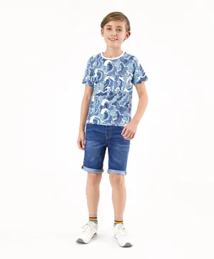Ollington St. 100% Cotton Wave Print Half Sleeves T-Shirt with Stretchable Denim Shorts Set - Blue & Indigo