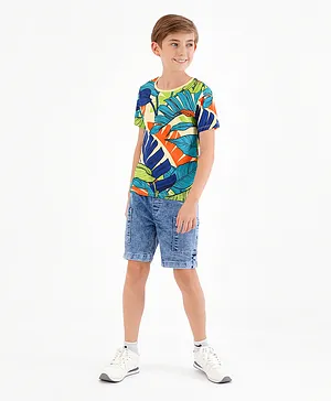 Ollington St. Cotton Knit Half Sleeves T-Shirt &  Elasticated Denim Shorts Set Leaves Print - Multicolor