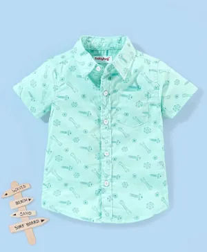 Babyhug 100% Cotton Half Sleeves Tools Print Shirt - Aqua