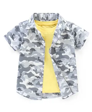 Babyhug 100% Cotton Woven Half Sleeves Regular Collar Camo Printed Shirt with Half Sleeves T-Shirt - Grey & Yellow
