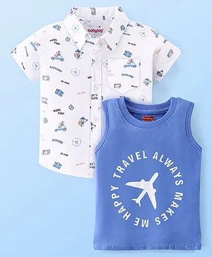Babyhug 100% Cotton Woven Half Sleeves Shirt with Inner T-Shirt with Always Travel Print - White
