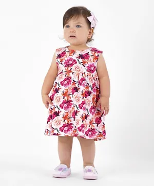 Bonfino 100% Cotton Knit Sleeveless Frock with Bloomer Floral Print - Ivory & Pink