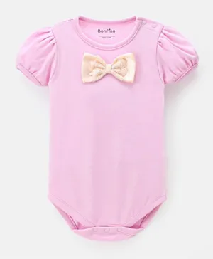 Bonfino 100% Cotton Half Sleeves Onesies Solid Color with Bow Applique  - Pink