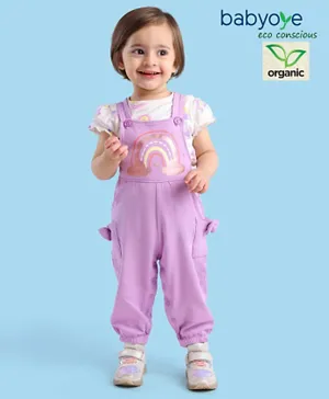 Babyoye Eco Conscious Organic Cotton Half Sleeves Tee & Dungaree Set Rainbow Print- Purple & White