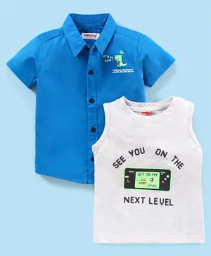 بيبي هاغ قميص بأكمام قصيرة من القطن 100% مع طباعة نص على تي-شيرت - أزرق وأبيض
