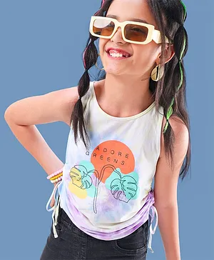 Pine Kids 100% Cotton Knit Sleeveless Bio Washed T-Shirt Tie-Dye & Leaves Print - Snow White