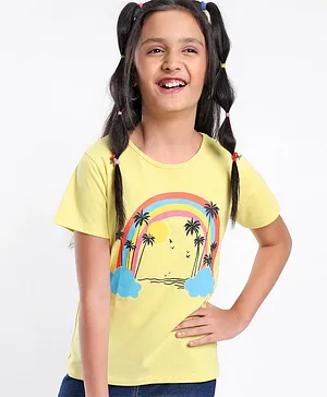 Pine Kids Cotton Knit Half Sleeves Rainbow Print Biowashed T-Shirt - Yellow