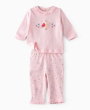 Tiny Hug Cotton Floral Embroidery Ruffled T-Shirt & Stars Printed Pyjama Set - Pink