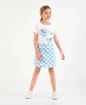 Ollington St. Half Sleeves Top With Glitter Print and Checks Skirt - White & Blue