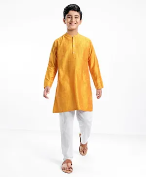 Pine Kids Full Sleeves Pintuck Checked Kurta Pyjama Set - Yellow