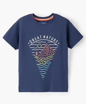 Pine Kids 100% Cotton Half Sleeves Bio Washed Tee Nature Print - Insignia Blue