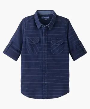 باين كيدز قميص جينز قطني للأطفال بأكمام طويلة مخططة مع إمكانية طي الأكمام - أزرق