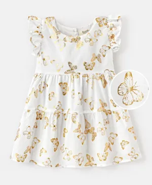 Bonfino 100% Cotton Woven Frill Sleeves Frock With  Allover Butterfly Print - Ivory