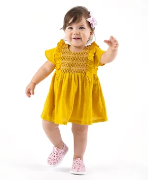 Bonfino Cotton Viscose Half Sleeves Embroidered Frock - Yellow
