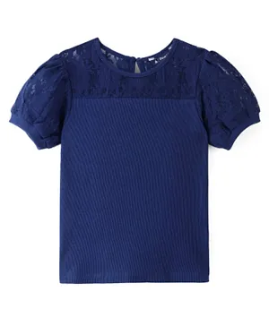 Pine Kids 100% Cotton Half Sleeves Stretchable Fabric Ribbed Top with Lace Detail - Navy Blue