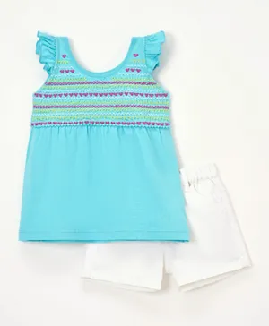 Babyhug 100% Cotton Sleeveless Top and Shorts Set Embroidered - Aqua Blue & White