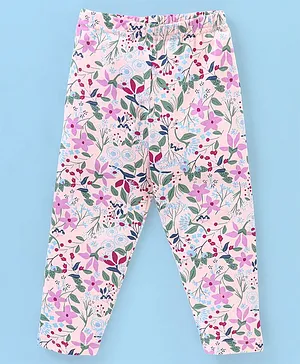 Babyhug Cotton Lycra Full Length Floral Printed Leggings With Stretch - Peach