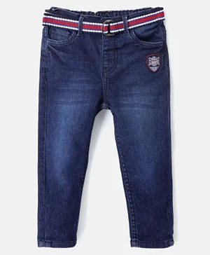 Babyhug Cotton Stretchable Full Length Washed Jeans With Belt- Blue