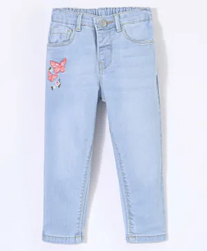 Babyhug Cotton Full Length Jeans Butterfly Embroidered - Light Blue