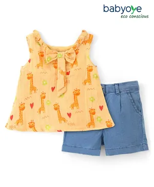 Babyoye Eco-Conscious Cotton Sleeveless Gauze Printed Top & Shorts Set - Yellow & Blue