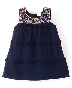Babyhug Crinkle Rayon Sleeveless Frock With Floral Embroidery - Navy Blue