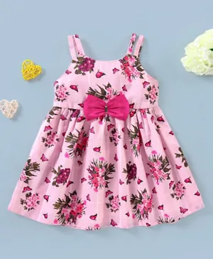 Babyhug  100% Cotton Dobby Singlet Sleeves Frock Floral Print & Bow Applique - Pink
