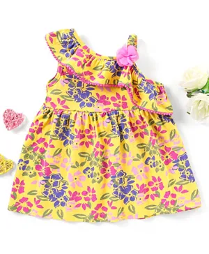 Babyhug 100% Cotton Knit Sleeveless Frock with Floral Applique & Print - Yellow
