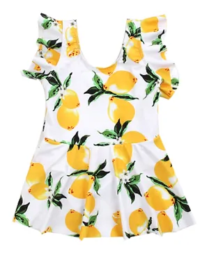 Babyhug Frill Sleeves Frock Swimsuit Fruit Print - White & Yellow