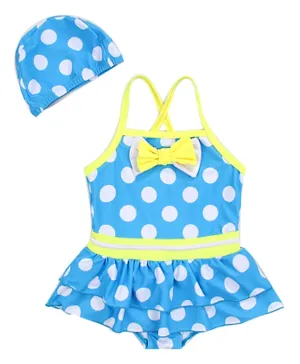 Babyhug Sleeveless Frock Swimsuit with Cap Polka Dots Print with Bow Applique - Blue