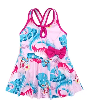 Babyhug Sleeveless Frock Swimsuit Tropical Print with Bow Applique - Pink