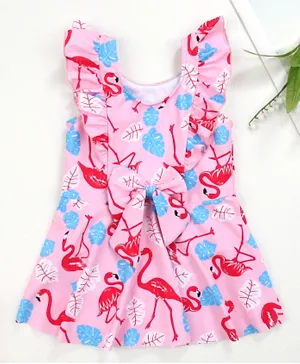 Babyhug Frill Sleeves Frock Swimsuit Flamingo Print - Pink