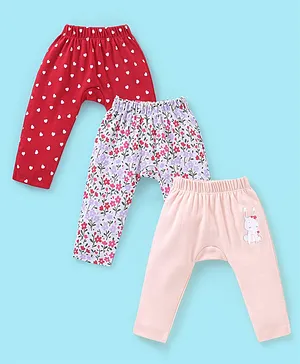 Babyhug Cotton Full Length Diaper Pants Floral Print Pack of 3 - Pink & Red