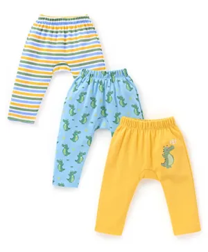 Babyhug Cotton Full Length Diaper Pants Croc Print Pack of 3 - Yellow & Blue