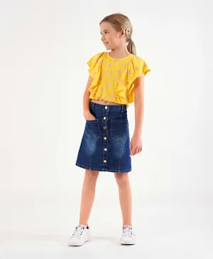 Ollington St. 100% Cotton Sleeveless Top and Stretchable Front Open Denim Skirt Floral Print - Yellow & Indigo