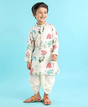 Babyhug 100% Cotton Woven Full Sleeves Cambric Printed with Sequenced Highlighted Kurta & Dobby Dhoti Set - Cream