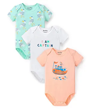Bonfino 100% Cotton Half Sleeves Onesie Ship & Text Print Pack Of 3-  Orange & Green