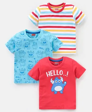 Babyhug Cotton Half Sleeves Striped & Monster Print T-Shirt Pack of 3 - Red & Blue