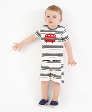 Bonfino Cotton Knit Half Sleeves Striped T-Shirt & Shorts Set with Bus Applique - Grey & Yellow