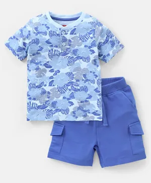 Babyhug 100% Cotton Half Sleeves Tee & Shorts Set Floral Print- Blue
