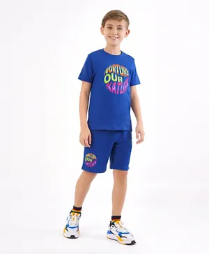 Primo Gino Cotton Half Sleeves T-Shirt & Shorts Set With Text Print- Blue