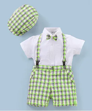 ToffyHouse Half Sleeves Shirt and Shorts Set with Suspenders and Hat Checks - Green