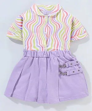 Ollington St. 100% Cotton Half Sleeves Marble Print Shirt and Pleated Skirt with Trim Detailing -  Red Yellow & Purple